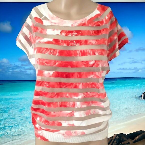 Red White Striped Top Small Mesh Sheer Stripes Tie Dye Lightweight Knit Pullover - Picture 15 of 16